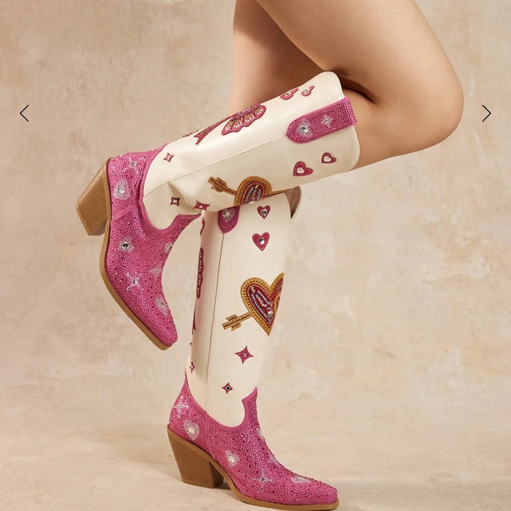 Heart Embellished Pink and Cream Ankle Boots - Picture 3 of 3